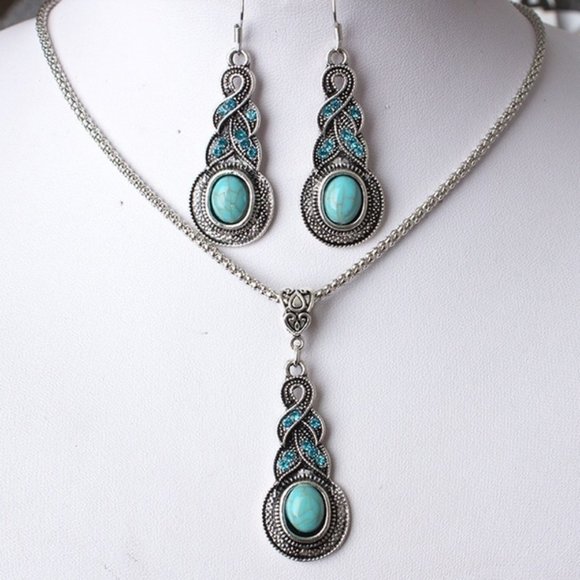 Jewelry - Turquoise Crystal Drop Earring & Necklace Set